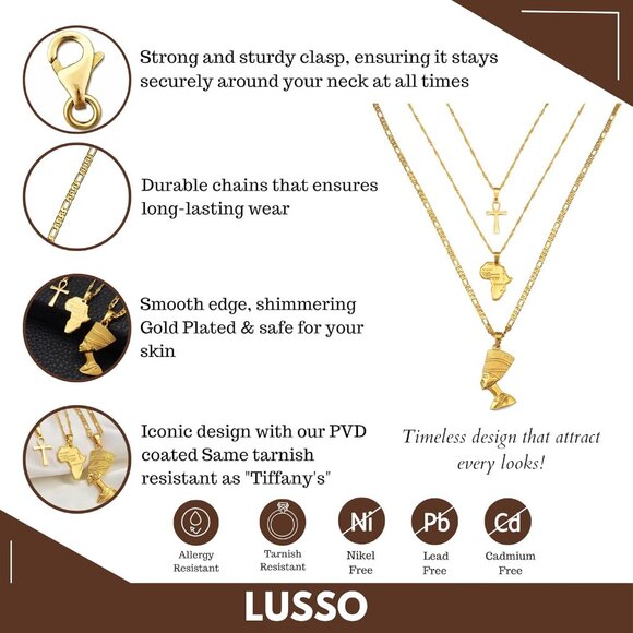 14k Gold Nefertiti Necklace with Ankh Africa Map Sterling Silver Chain Jewelry - Picture 4 of 7